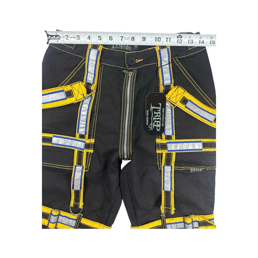 Tripp NYC Energizer Reflective Strap Pants Black Yellow Cyber Goth Size 30 NWT - Picture 7 of 8